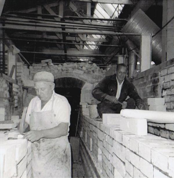 Rose's Grandad - Charles Hines (left), kiln building, December 1966